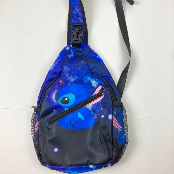 Stitch Messenger Sling Bag Crossbody 1 Shoulder Strap Backpack Blue & Black 14x3 - Picture 3 of 8